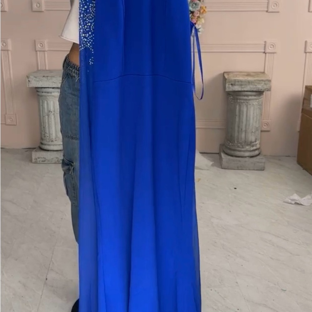 Blue Sequin Embellished Halter Prom Gown